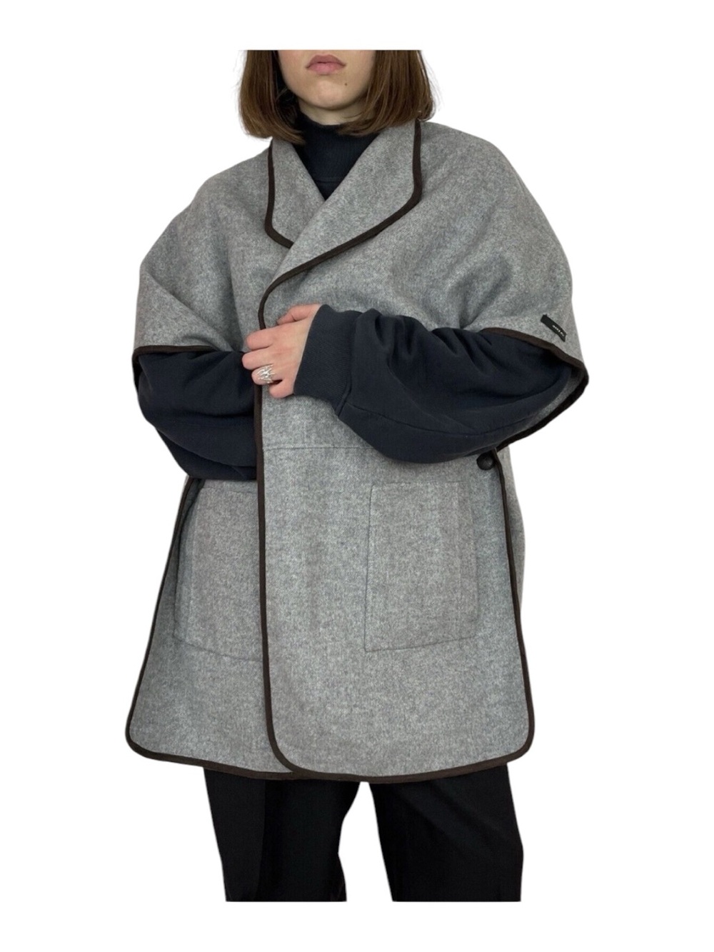 Zara Gray Cape Coat or poncho with Brown Trim Sz M 100% wool